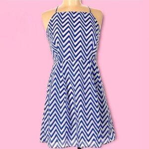 Y2K Retro Blue White Chevron Print High Neck Tank Mini Fit and Flare Dress Sz M